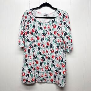 Blue Platypus Novelty Boat Print Women's 1/2 Sleeve Multicolor A Line Top Large